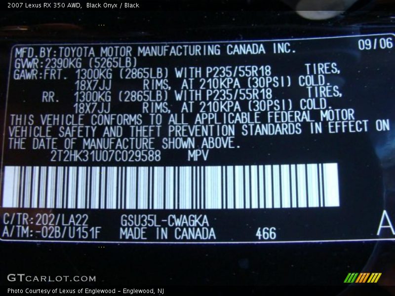 Black Onyx / Black 2007 Lexus RX 350 AWD
