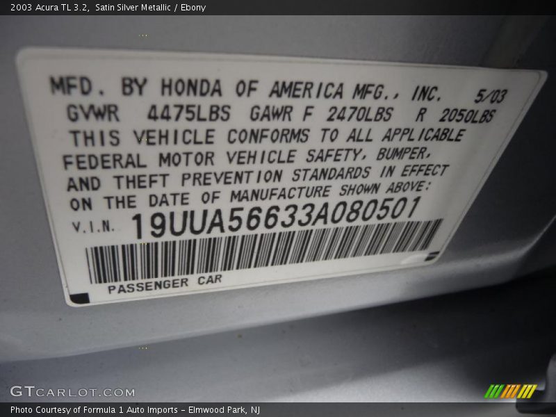 Satin Silver Metallic / Ebony 2003 Acura TL 3.2