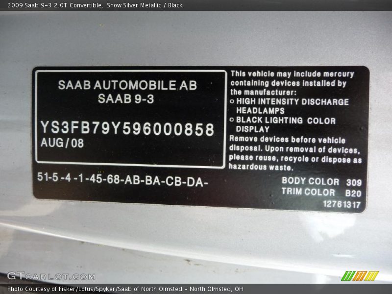 Snow Silver Metallic / Black 2009 Saab 9-3 2.0T Convertible