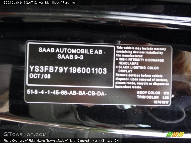 Black / Parchment 2009 Saab 9-3 2.0T Convertible