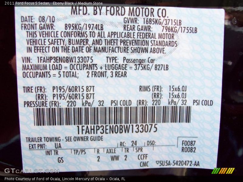 Ebony Black / Medium Stone 2011 Ford Focus S Sedan