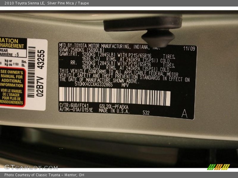 Silver Pine Mica / Taupe 2010 Toyota Sienna LE