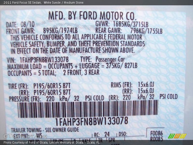 White Suede / Medium Stone 2011 Ford Focus SE Sedan