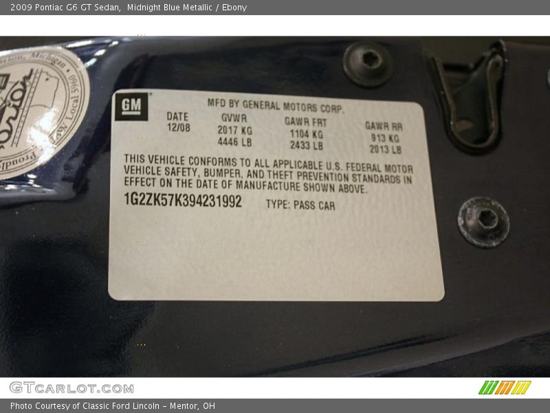 Midnight Blue Metallic / Ebony 2009 Pontiac G6 GT Sedan
