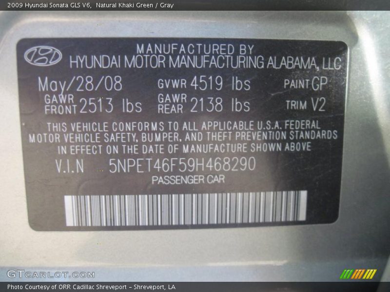 Natural Khaki Green / Gray 2009 Hyundai Sonata GLS V6