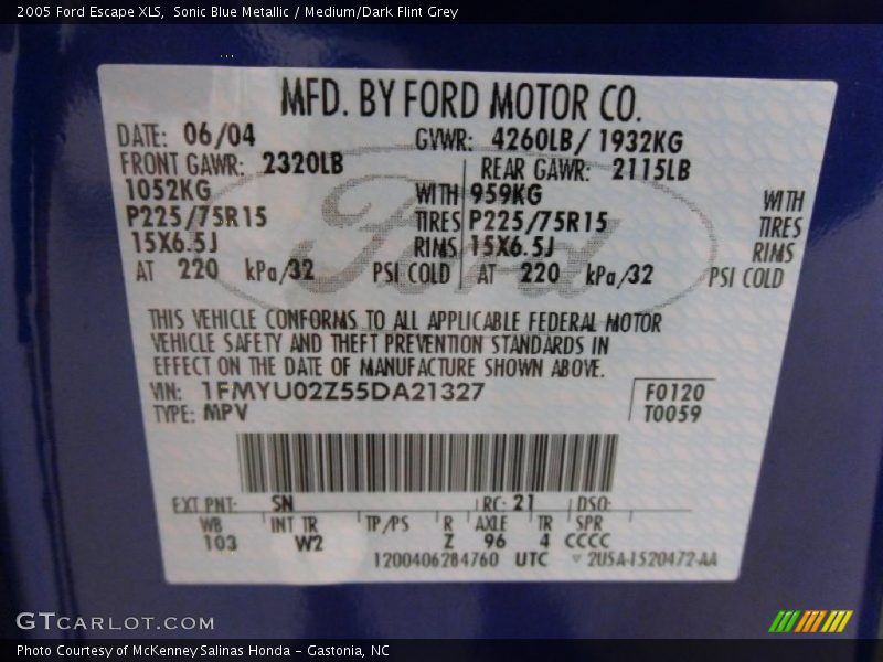 Sonic Blue Metallic / Medium/Dark Flint Grey 2005 Ford Escape XLS
