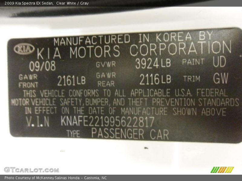 Clear White / Gray 2009 Kia Spectra EX Sedan