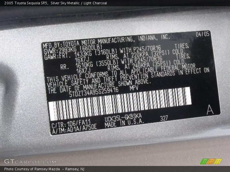 2005 Sequoia SR5 Silver Sky Metallic Color Code 1D6