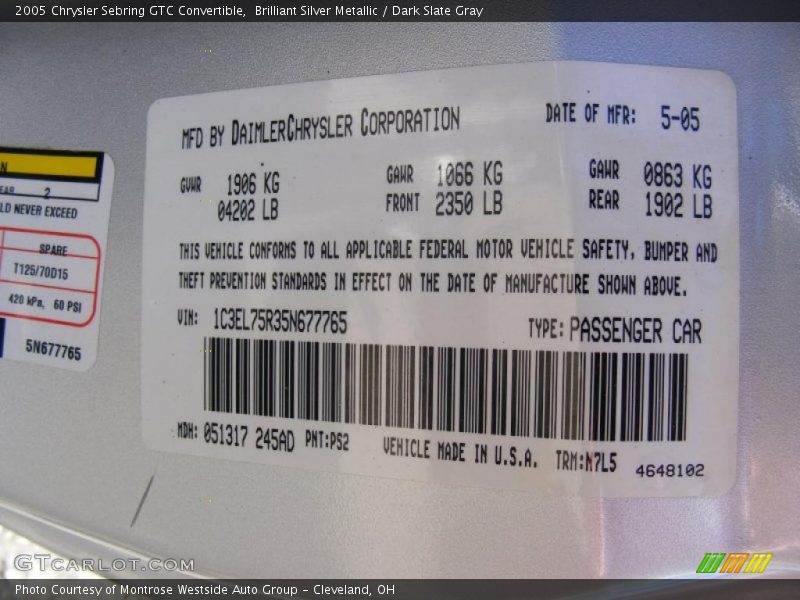 Brilliant Silver Metallic / Dark Slate Gray 2005 Chrysler Sebring GTC Convertible
