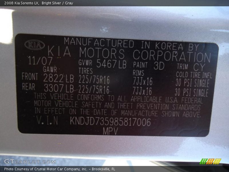 Bright Silver / Gray 2008 Kia Sorento LX
