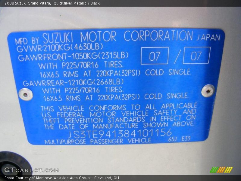 Quicksilver Metallic / Black 2008 Suzuki Grand Vitara