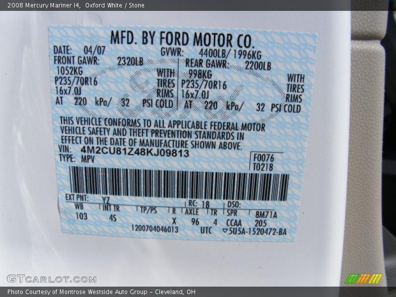 Oxford White / Stone 2008 Mercury Mariner I4