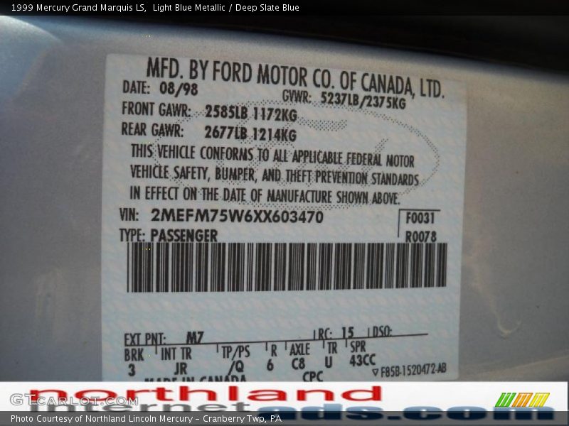 Light Blue Metallic / Deep Slate Blue 1999 Mercury Grand Marquis LS