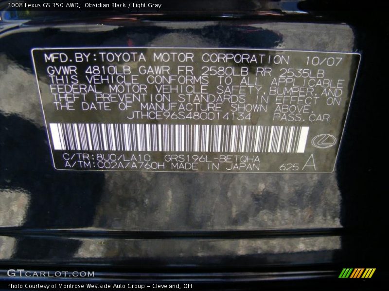 Obsidian Black / Light Gray 2008 Lexus GS 350 AWD