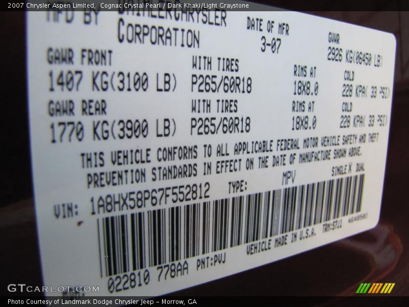 Cognac Crystal Pearl / Dark Khaki/Light Graystone 2007 Chrysler Aspen Limited