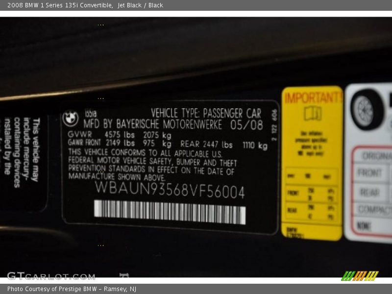 Jet Black / Black 2008 BMW 1 Series 135i Convertible