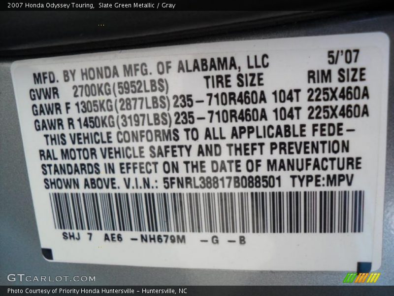 Slate Green Metallic / Gray 2007 Honda Odyssey Touring