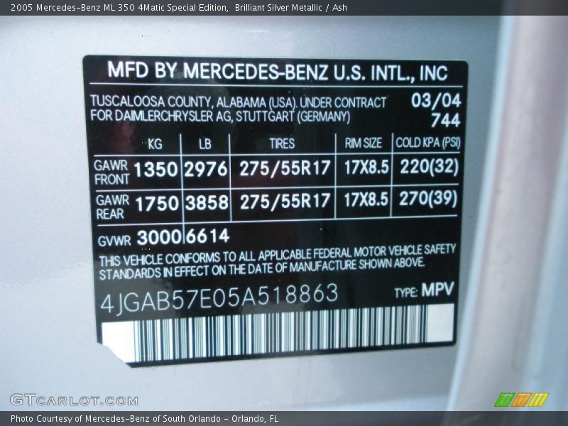 Brilliant Silver Metallic / Ash 2005 Mercedes-Benz ML 350 4Matic Special Edition
