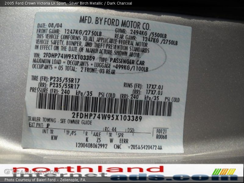 Silver Birch Metallic / Dark Charcoal 2005 Ford Crown Victoria LX Sport