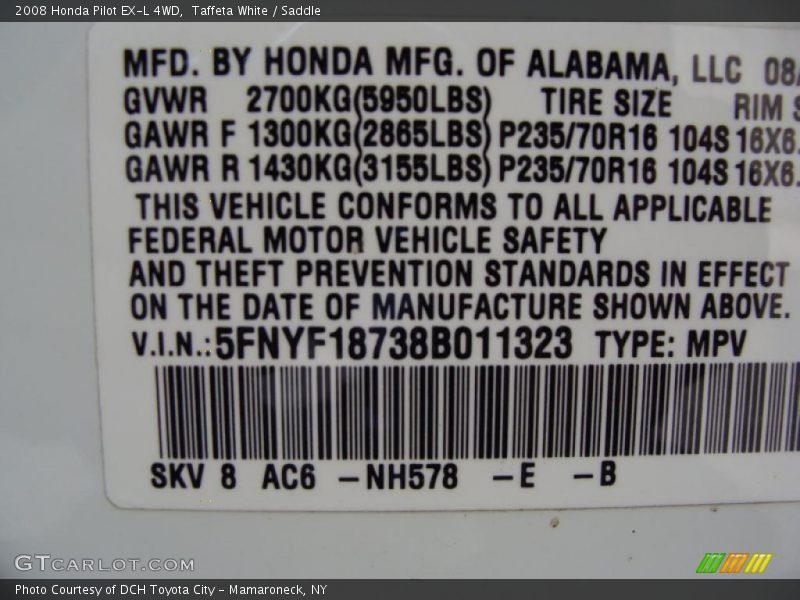Taffeta White / Saddle 2008 Honda Pilot EX-L 4WD