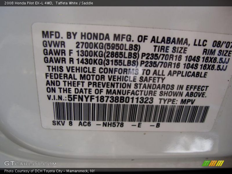 Taffeta White / Saddle 2008 Honda Pilot EX-L 4WD