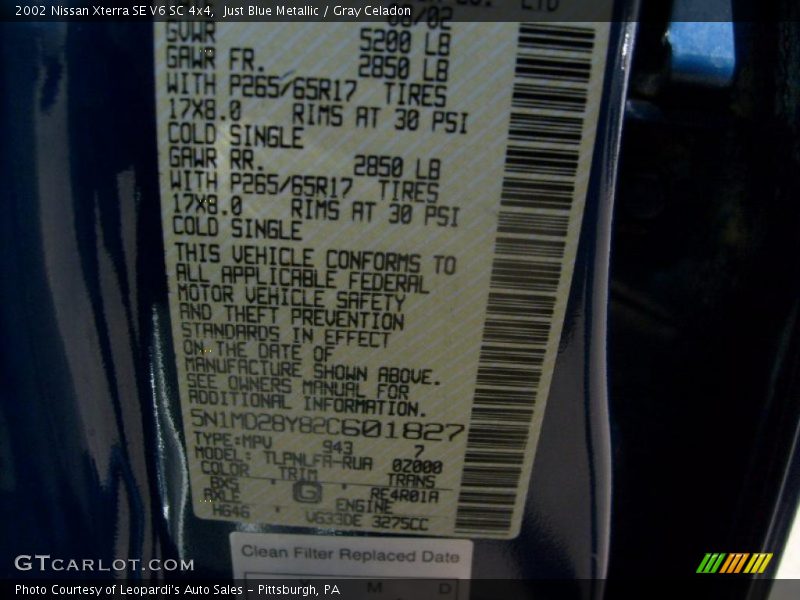 Just Blue Metallic / Gray Celadon 2002 Nissan Xterra SE V6 SC 4x4