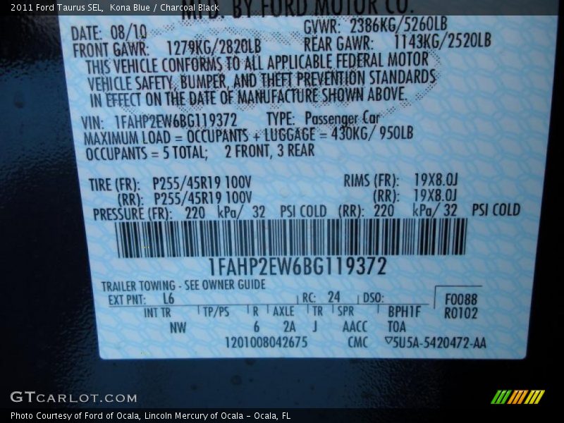 Kona Blue / Charcoal Black 2011 Ford Taurus SEL