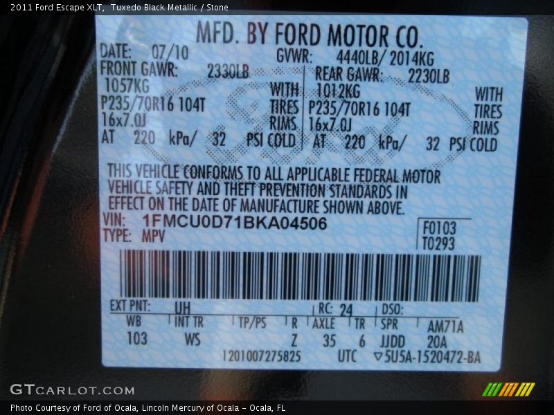Tuxedo Black Metallic / Stone 2011 Ford Escape XLT