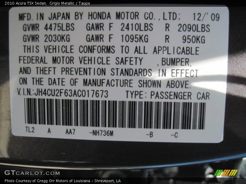 Grigio Metallic / Taupe 2010 Acura TSX Sedan