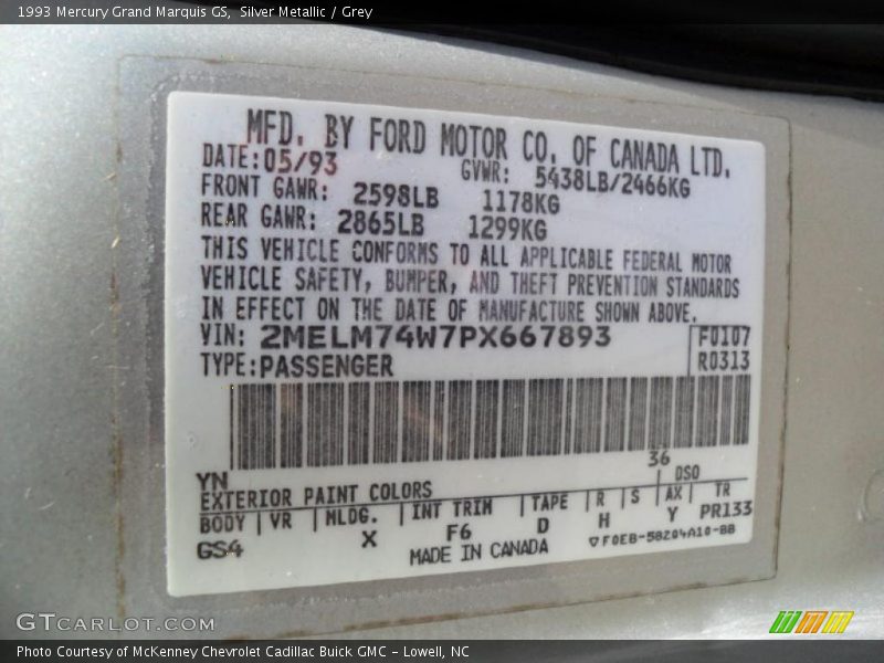 Silver Metallic / Grey 1993 Mercury Grand Marquis GS
