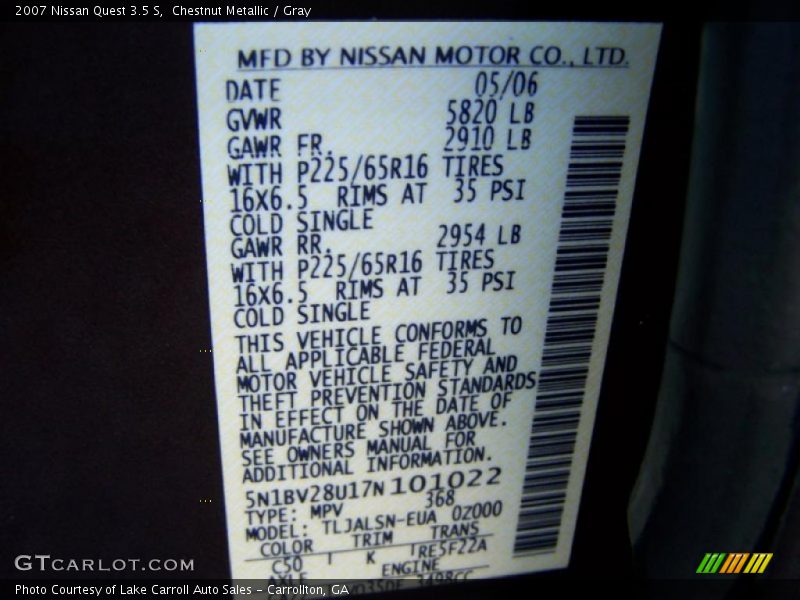 Chestnut Metallic / Gray 2007 Nissan Quest 3.5 S