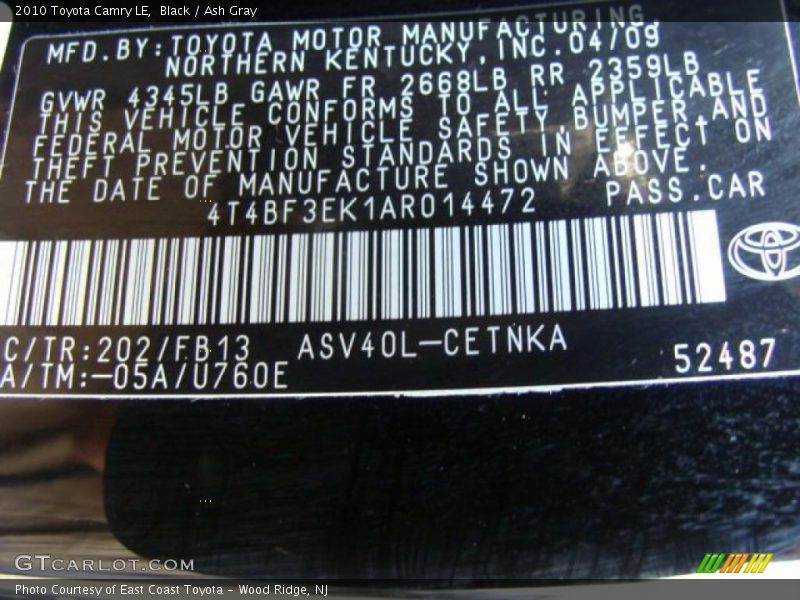 Black / Ash Gray 2010 Toyota Camry LE