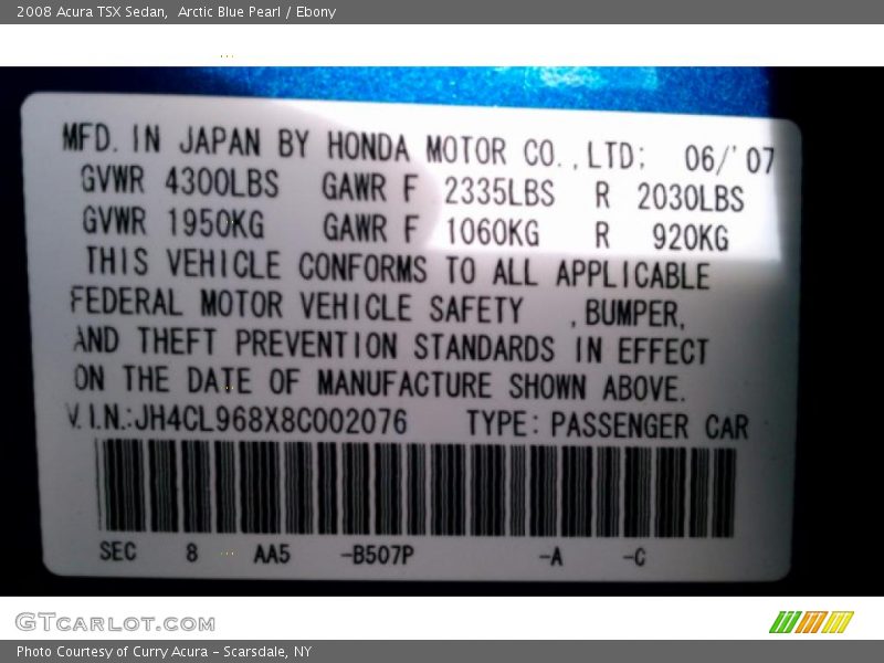Arctic Blue Pearl / Ebony 2008 Acura TSX Sedan