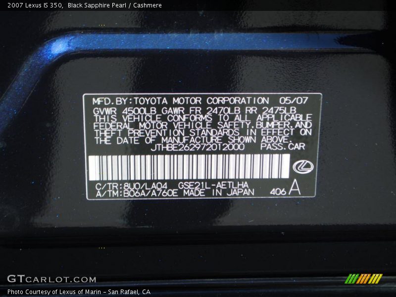 Black Sapphire Pearl / Cashmere 2007 Lexus IS 350
