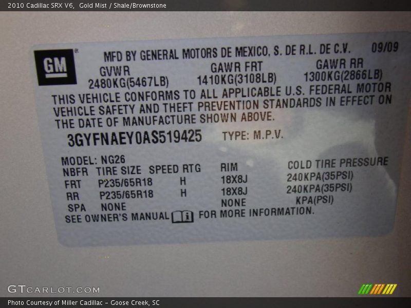 Gold Mist / Shale/Brownstone 2010 Cadillac SRX V6