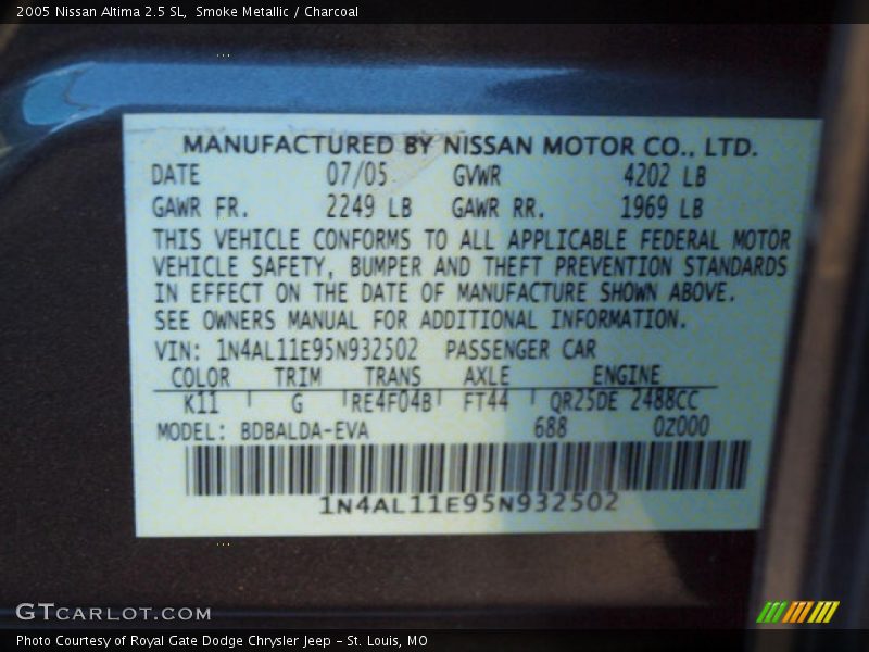 Smoke Metallic / Charcoal 2005 Nissan Altima 2.5 SL