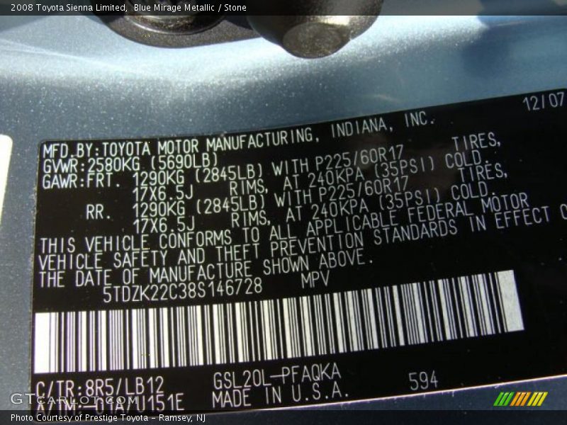 Blue Mirage Metallic / Stone 2008 Toyota Sienna Limited