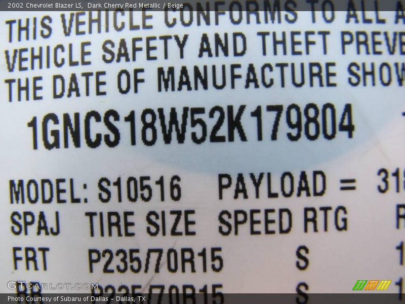 Dark Cherry Red Metallic / Beige 2002 Chevrolet Blazer LS