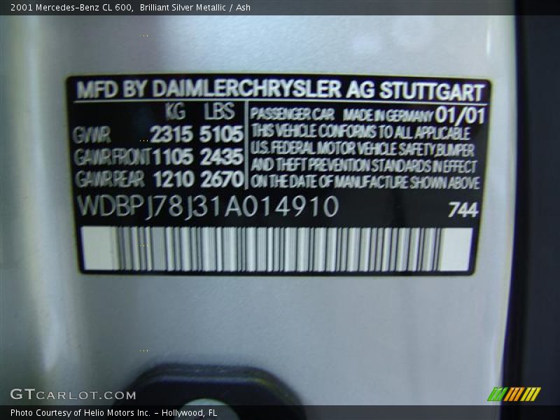 Brilliant Silver Metallic / Ash 2001 Mercedes-Benz CL 600