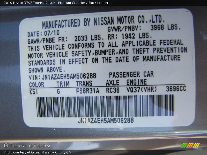 Platinum Graphite / Black Leather 2010 Nissan 370Z Touring Coupe