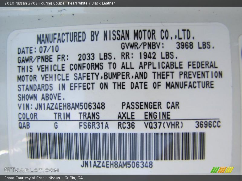 Pearl White / Black Leather 2010 Nissan 370Z Touring Coupe