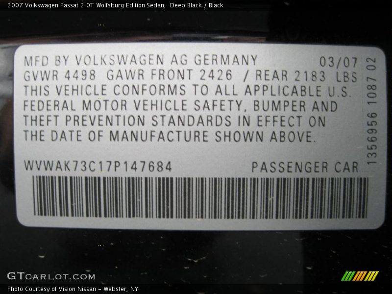 Deep Black / Black 2007 Volkswagen Passat 2.0T Wolfsburg Edition Sedan