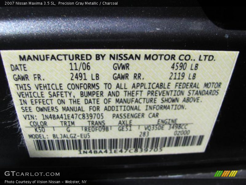 Precision Gray Metallic / Charcoal 2007 Nissan Maxima 3.5 SL