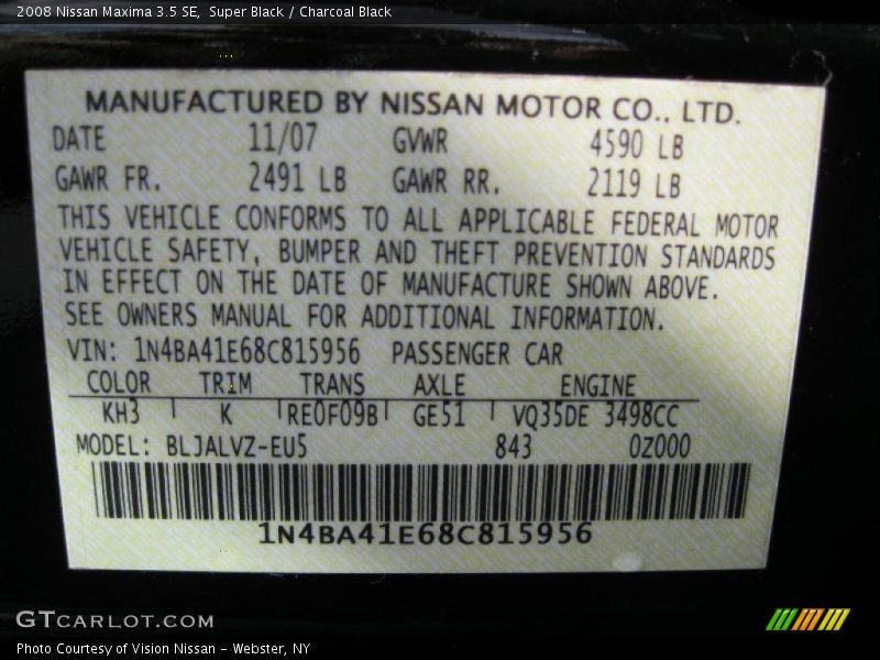 Super Black / Charcoal Black 2008 Nissan Maxima 3.5 SE