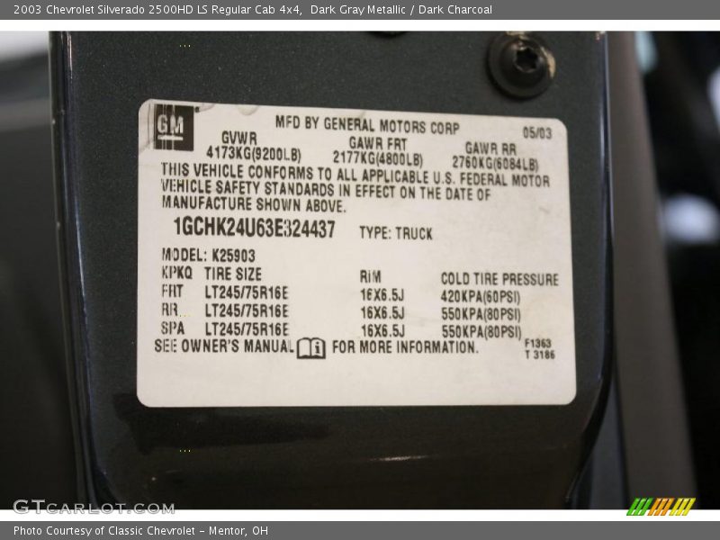 Dark Gray Metallic / Dark Charcoal 2003 Chevrolet Silverado 2500HD LS Regular Cab 4x4