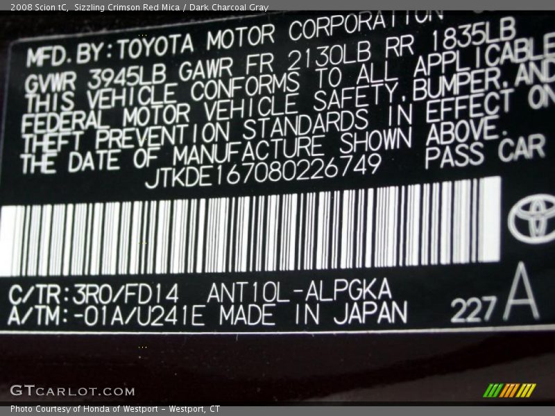 Sizzling Crimson Red Mica / Dark Charcoal Gray 2008 Scion tC