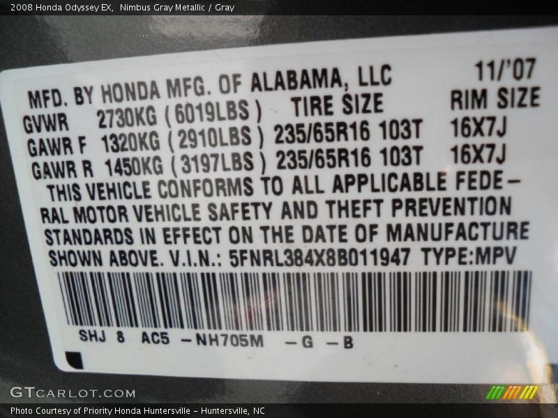 Nimbus Gray Metallic / Gray 2008 Honda Odyssey EX