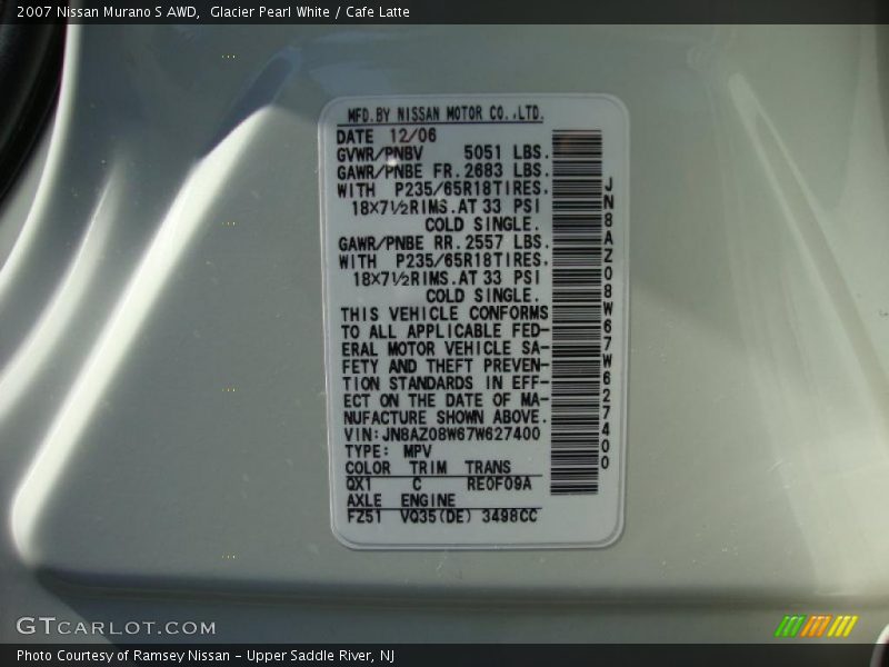 Glacier Pearl White / Cafe Latte 2007 Nissan Murano S AWD