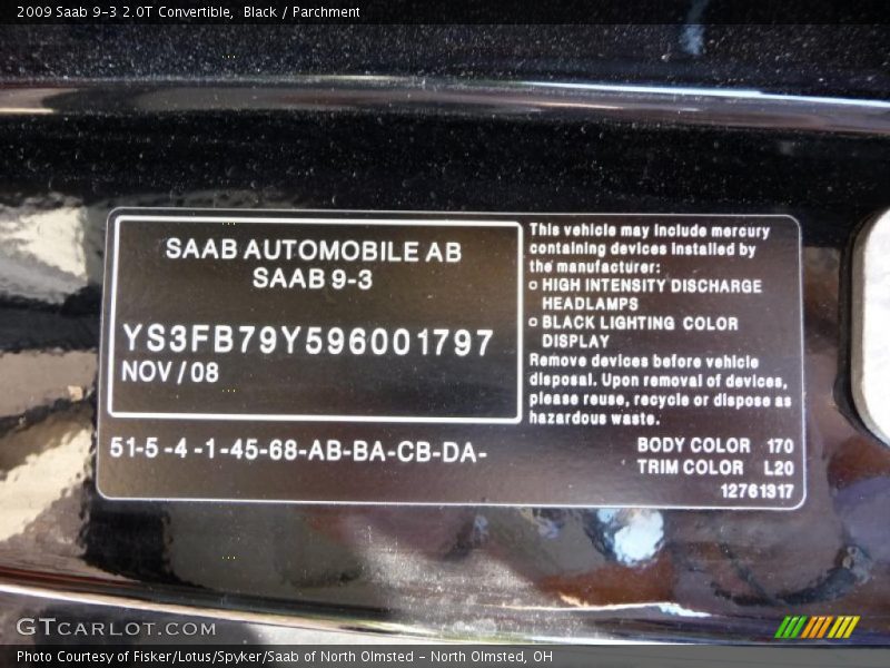 Black / Parchment 2009 Saab 9-3 2.0T Convertible
