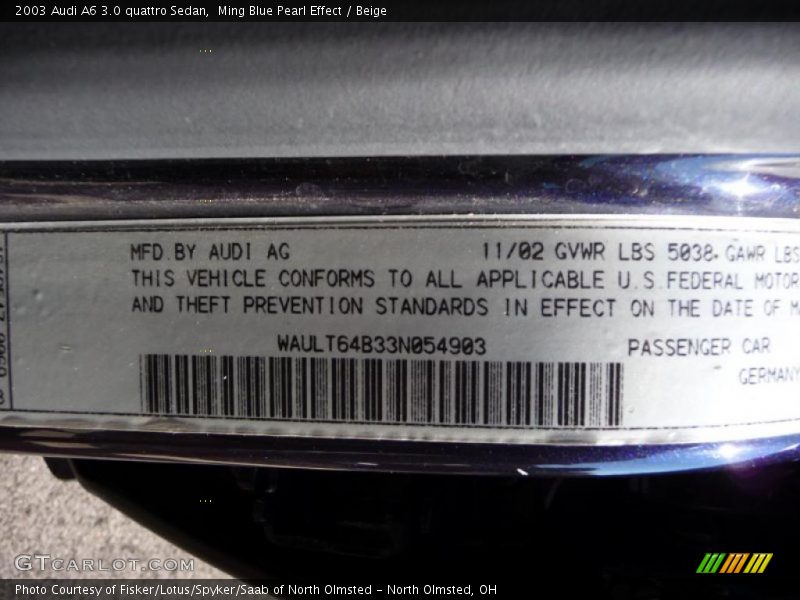 Ming Blue Pearl Effect / Beige 2003 Audi A6 3.0 quattro Sedan